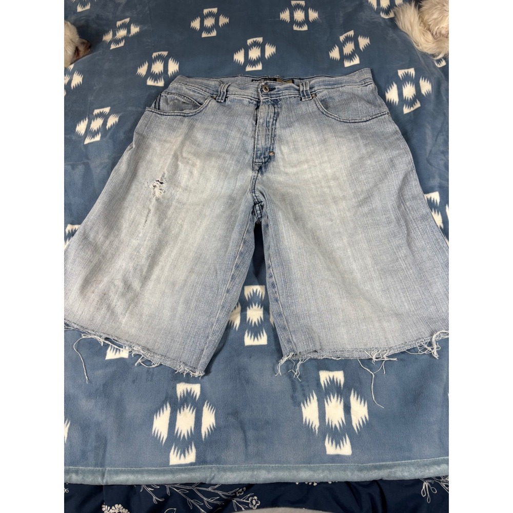 Southpole Mens Baggy Denim Shorts Light Wash Distressed Raw Hem Size 36 Y2K 90s